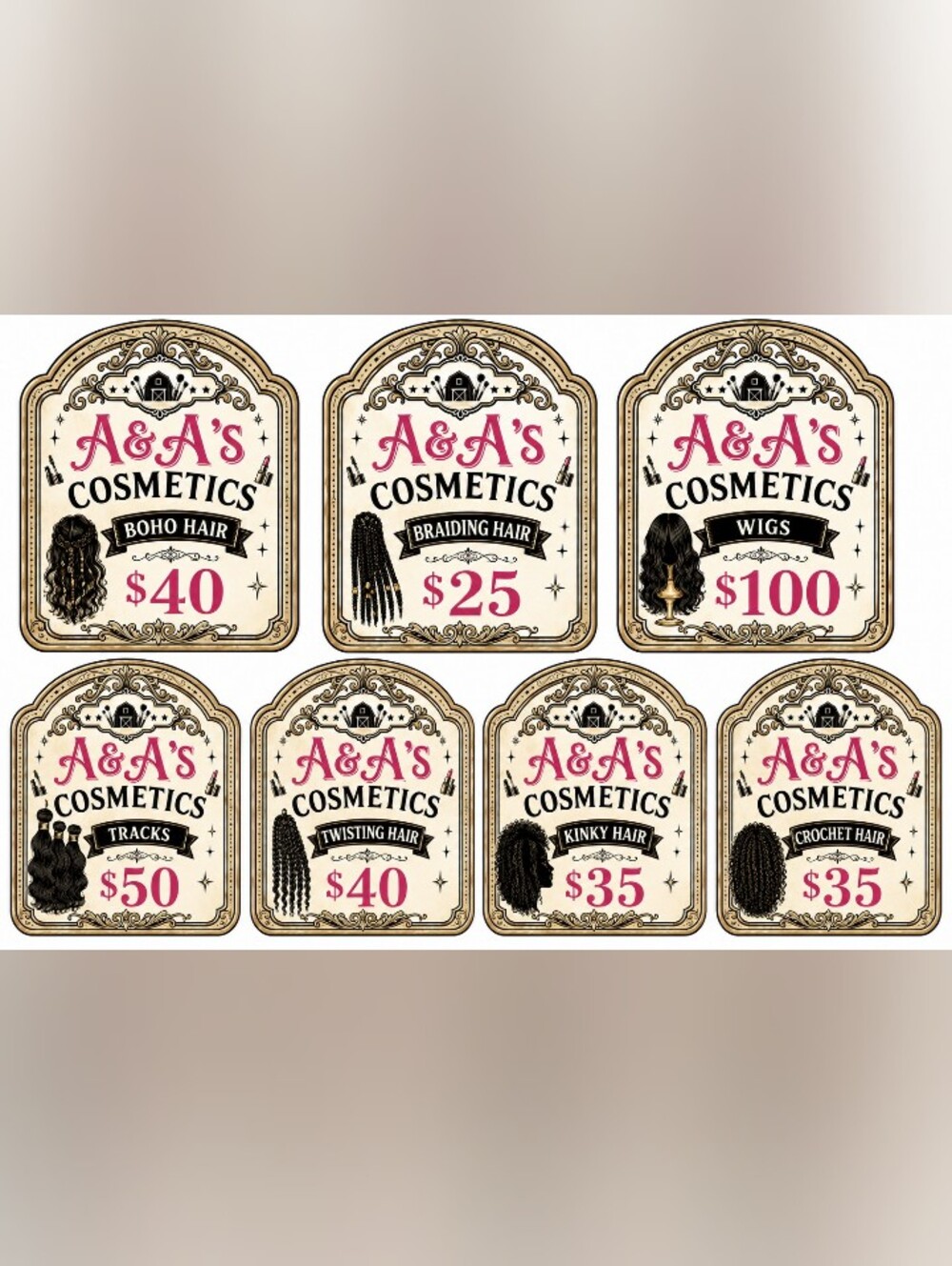 A&A's Cosmetics Hair Services Sign Set — Pink & Cream Labels